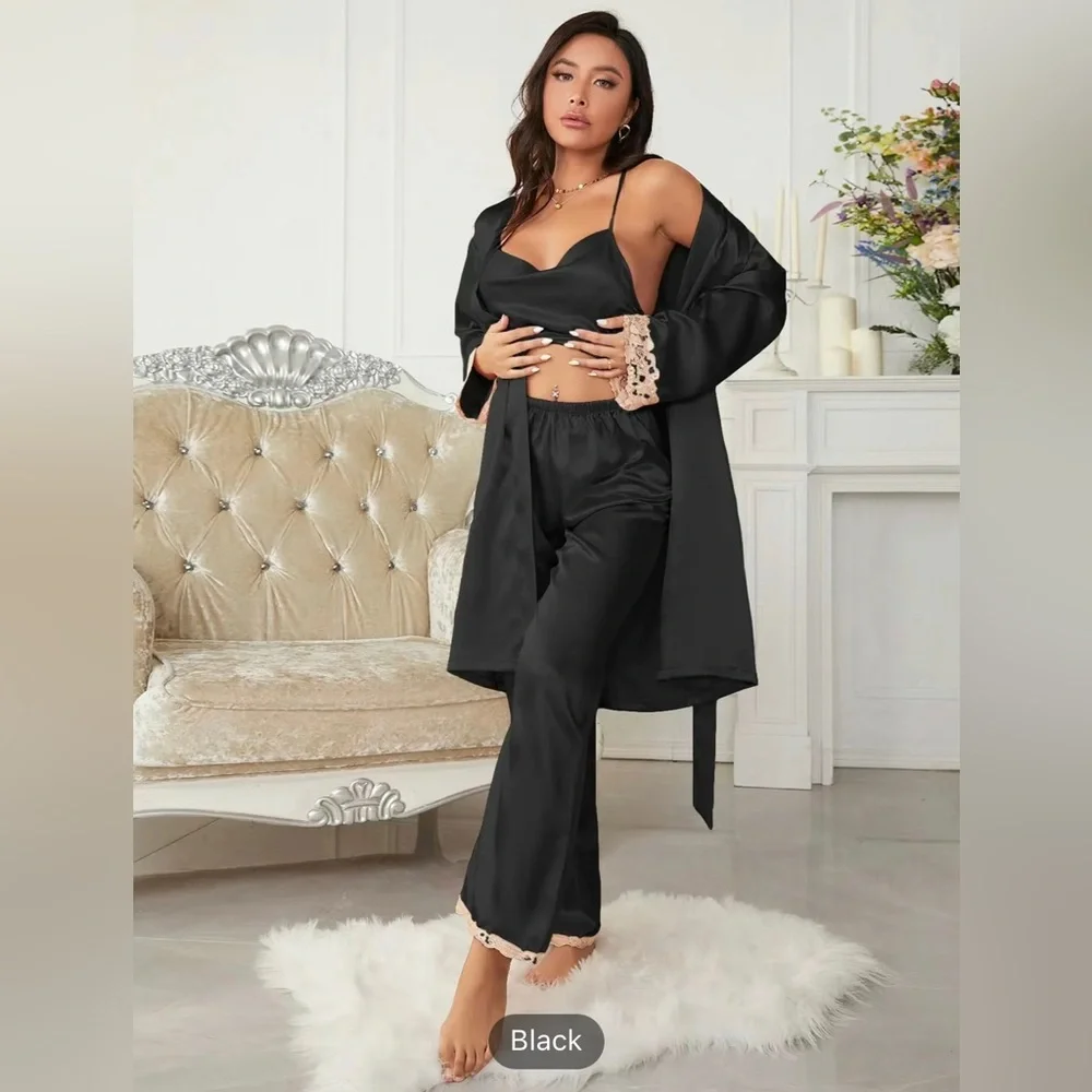 Cream/Khaki 3-piece Sets Silk Satin Cami Top & Pants With Robe Pajama Set - Picture 8 of 8